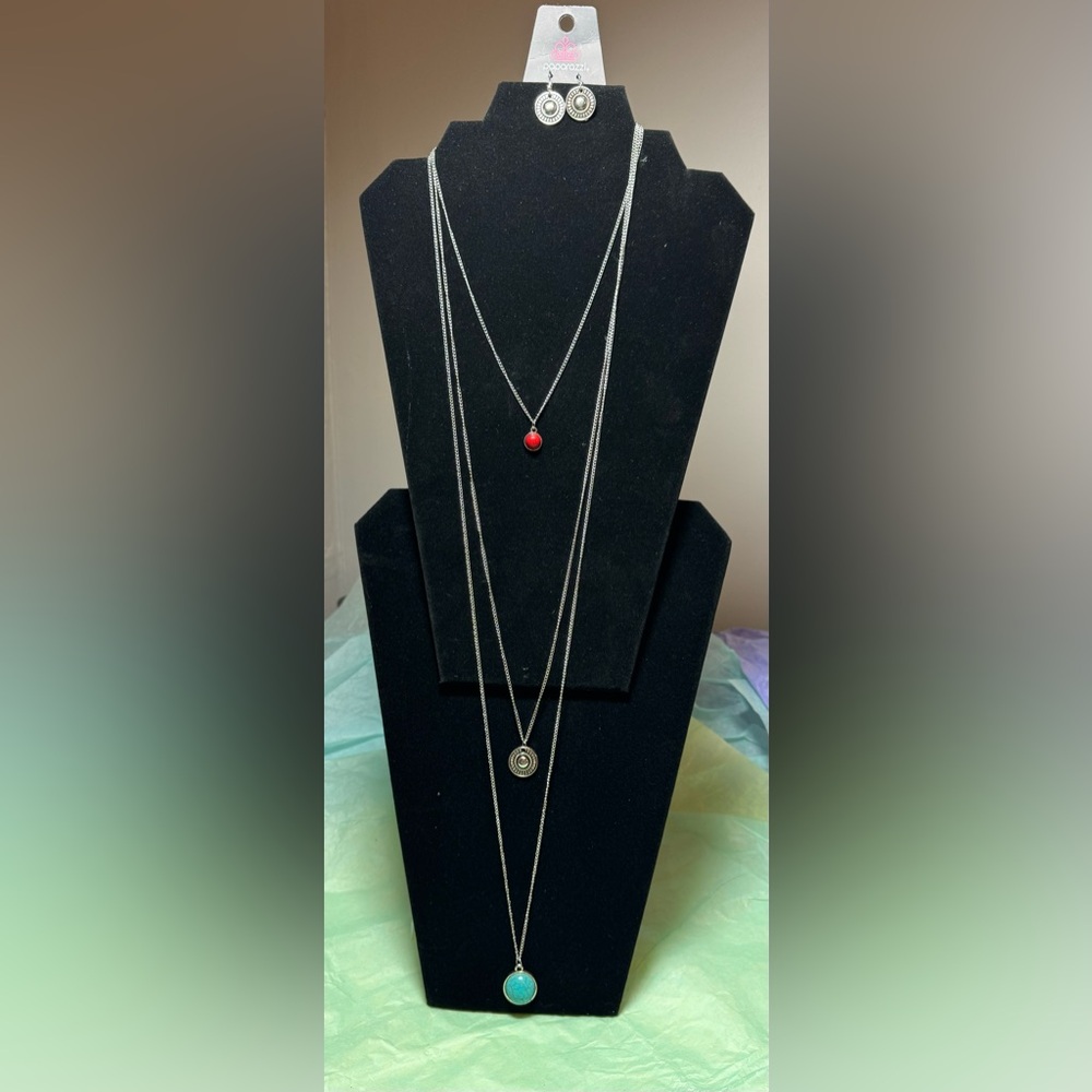 New paparazzi long triple chain silver necklace with matching earrings